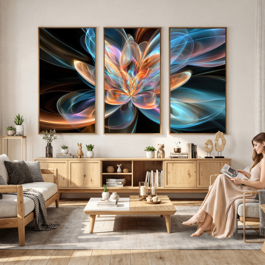 Fractal Lotus Canvas Wall Art, Blue Orange Glowing Flower Abstract Print