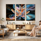 Fractal Lotus Canvas Wall Art, Blue Orange Glowing Flower Abstract Print