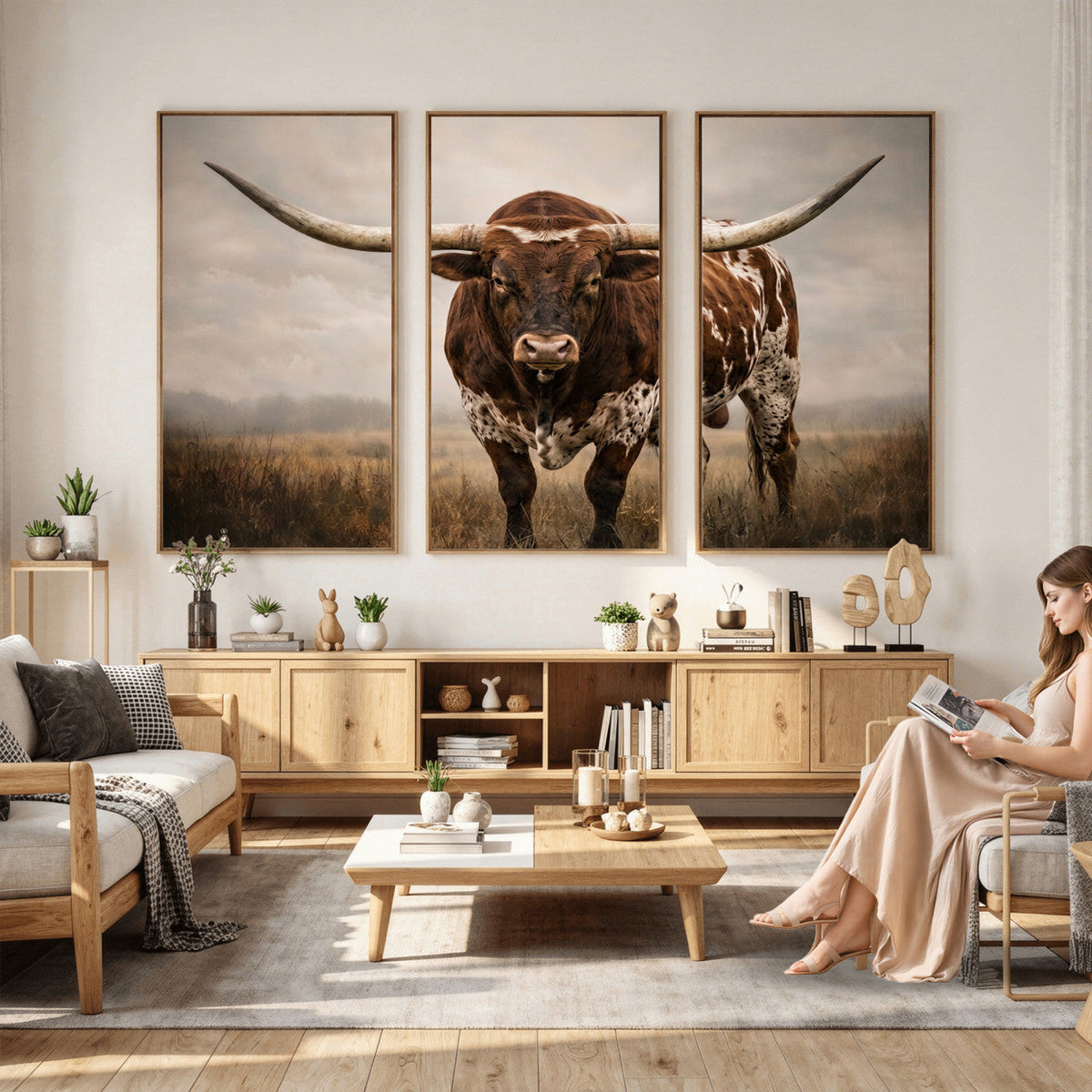 Texas Longhorn Wall Art Canvas Print | Brown Horned Bull Rustic Western Decor