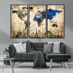 World Map Canvas Print | Vintage Blue and Gold World Map Wall Art