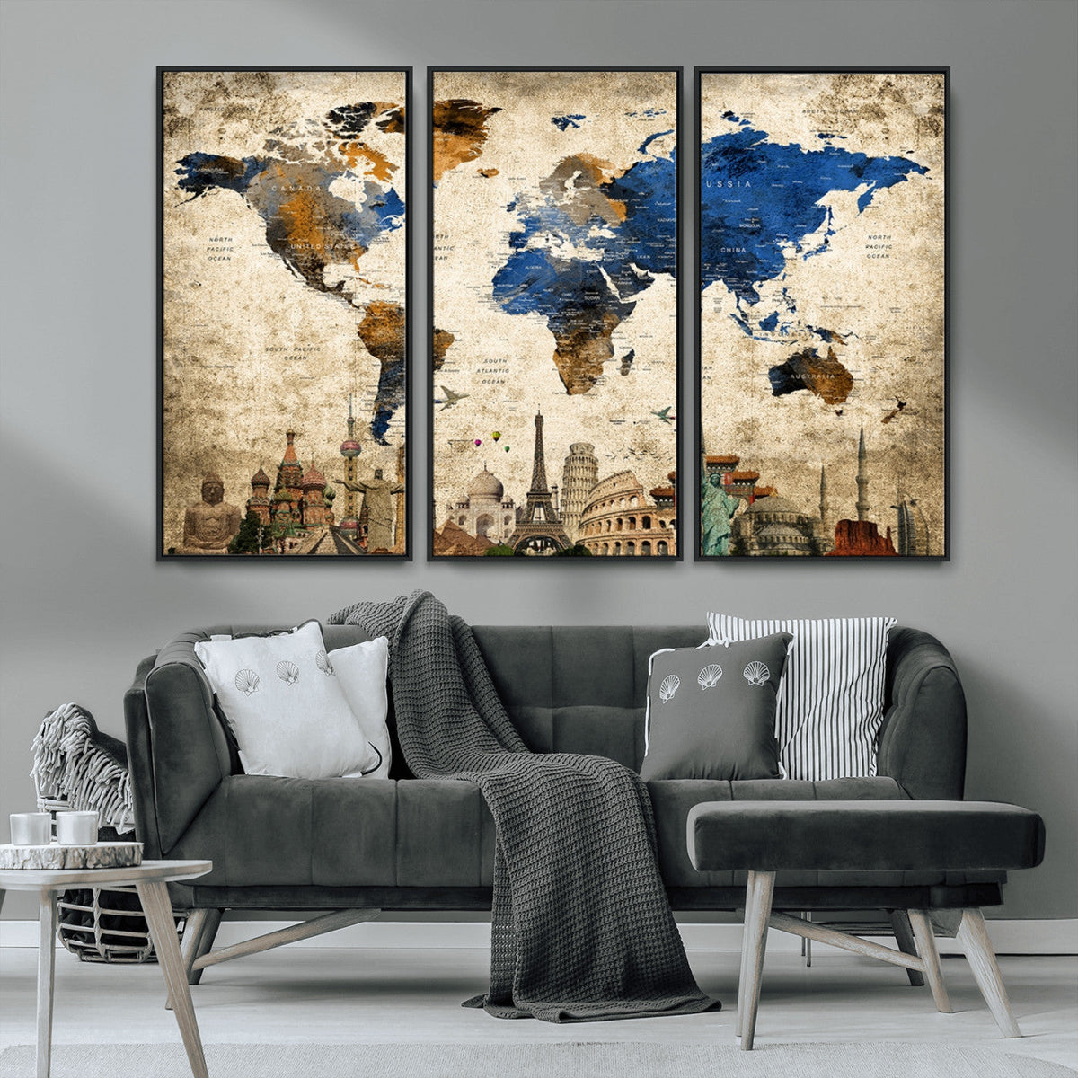 World Map Canvas Print | Vintage Blue and Gold World Map Wall Art