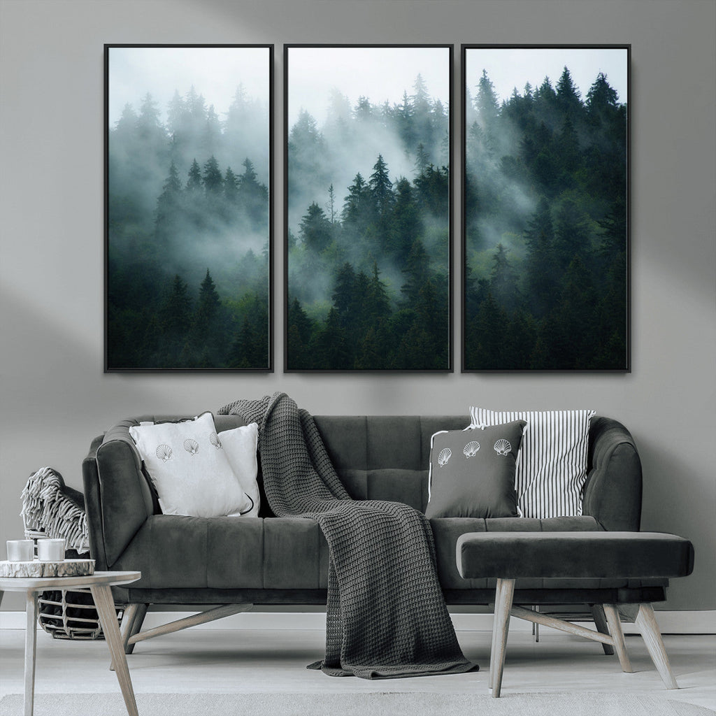 Misty Forest Wall Art | Serene Green Landscape Canvas Print