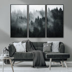 Foggy Forest Wall Art Canvas Print | 3 Panel Large Misty Landscape