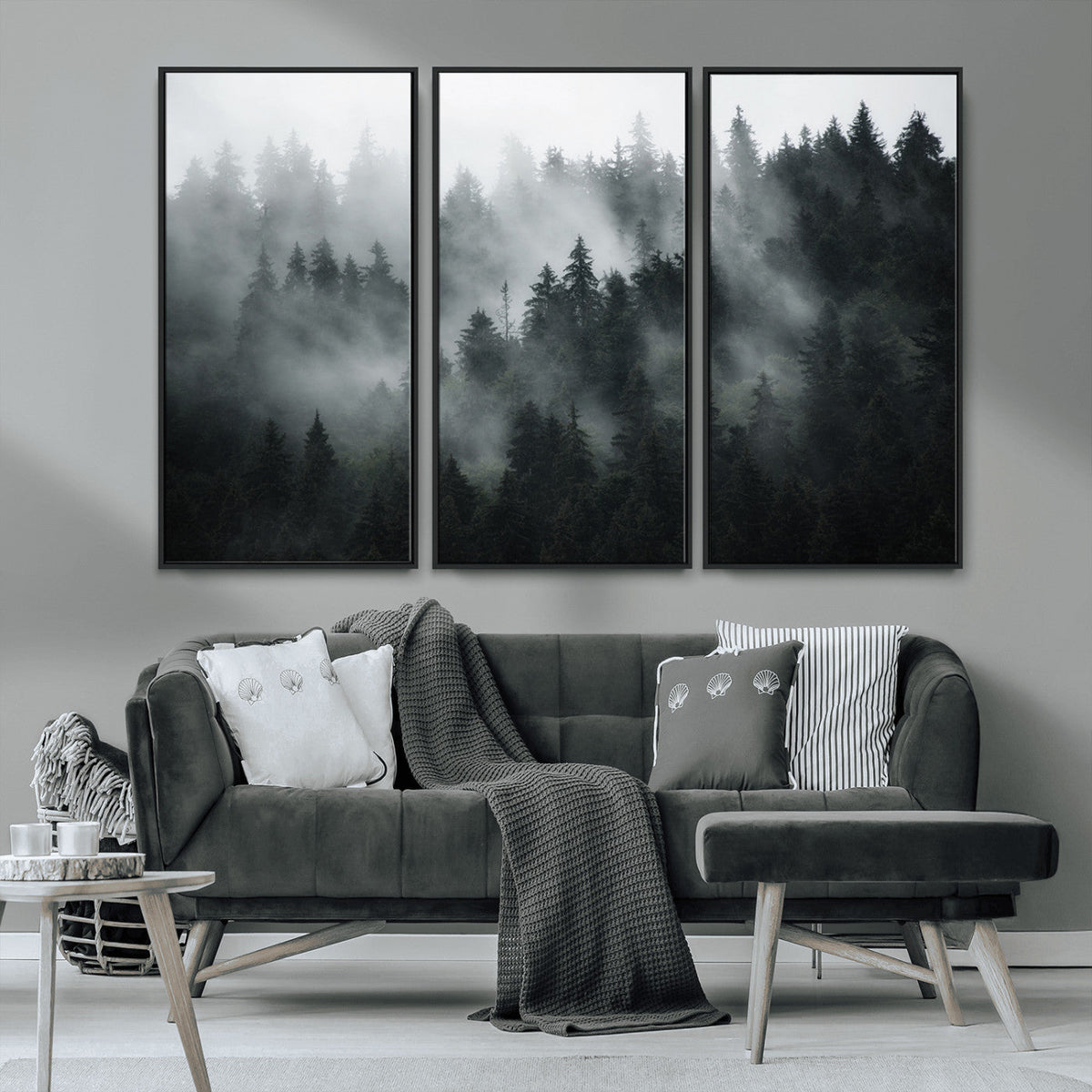 Foggy Forest Wall Art Canvas Print | 3 Panel Large Misty Landscape