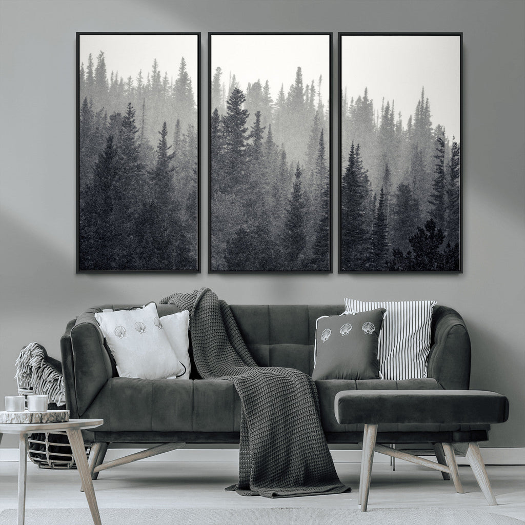 Misty Forest Canvas Wall Art | Monochrome Triptych Pine Tree Print