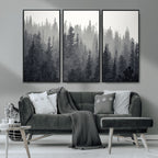 Misty Forest Canvas Wall Art | Monochrome Triptych Pine Tree Print
