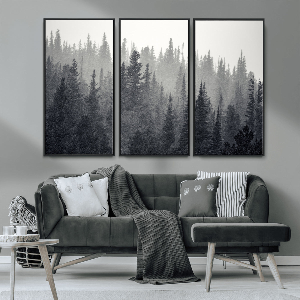 Misty Forest Canvas Wall Art | Monochrome Triptych Pine Tree Print
