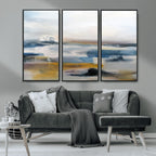 Abstract Landscape Wall Art Canvas | 3 Panel Modern Blue, Gold and White Canvas Art