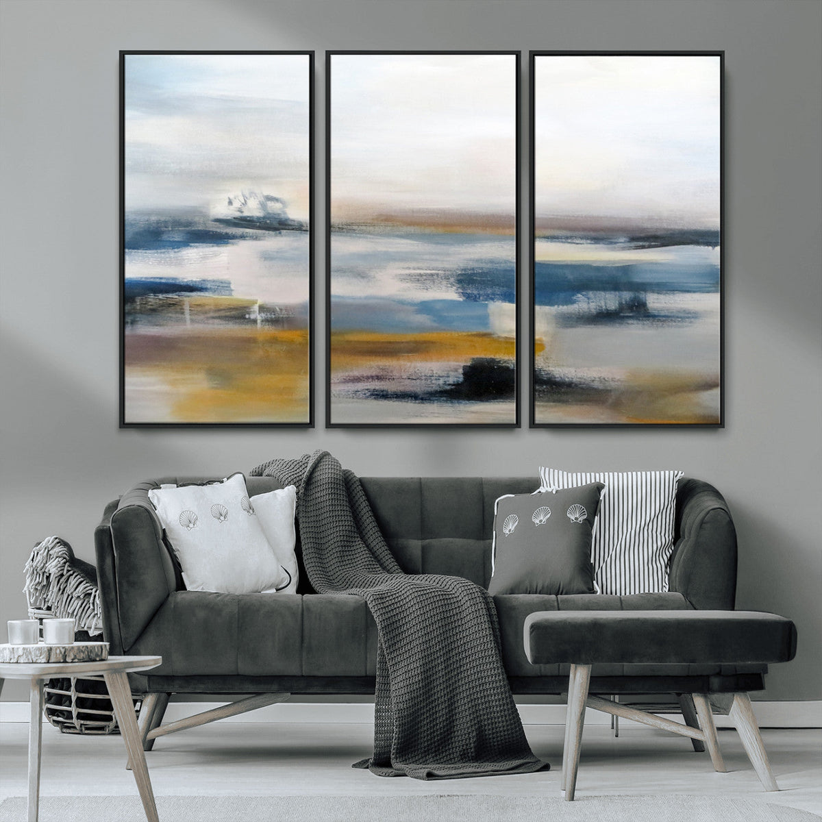 Abstract Landscape Wall Art Canvas | 3 Panel Modern Blue, Gold and White Canvas Art