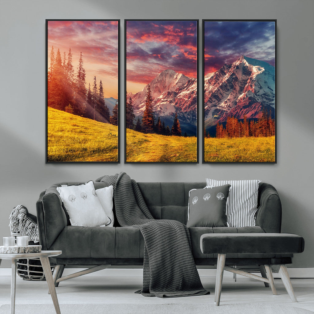 Mountain and Daylight Red Sunset Wall Art Canvas Print