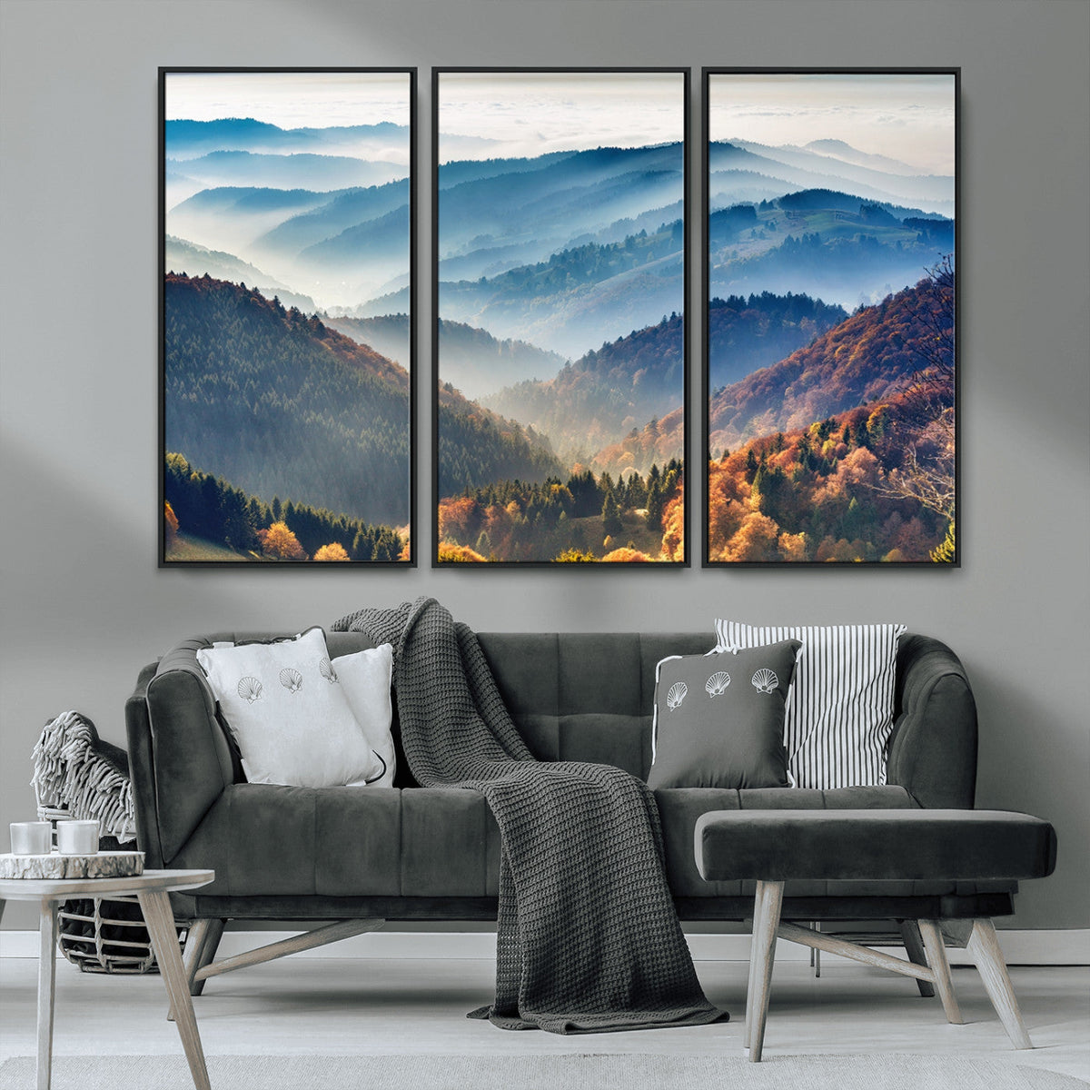 Misty Mountain Sunrise Triptych Canvas Print | Autumn Landscape Wall Art