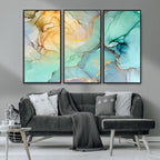 Abstract Aqua and Gold Fluid Wall Art Canvas | 3 Panel Large Canvas Print