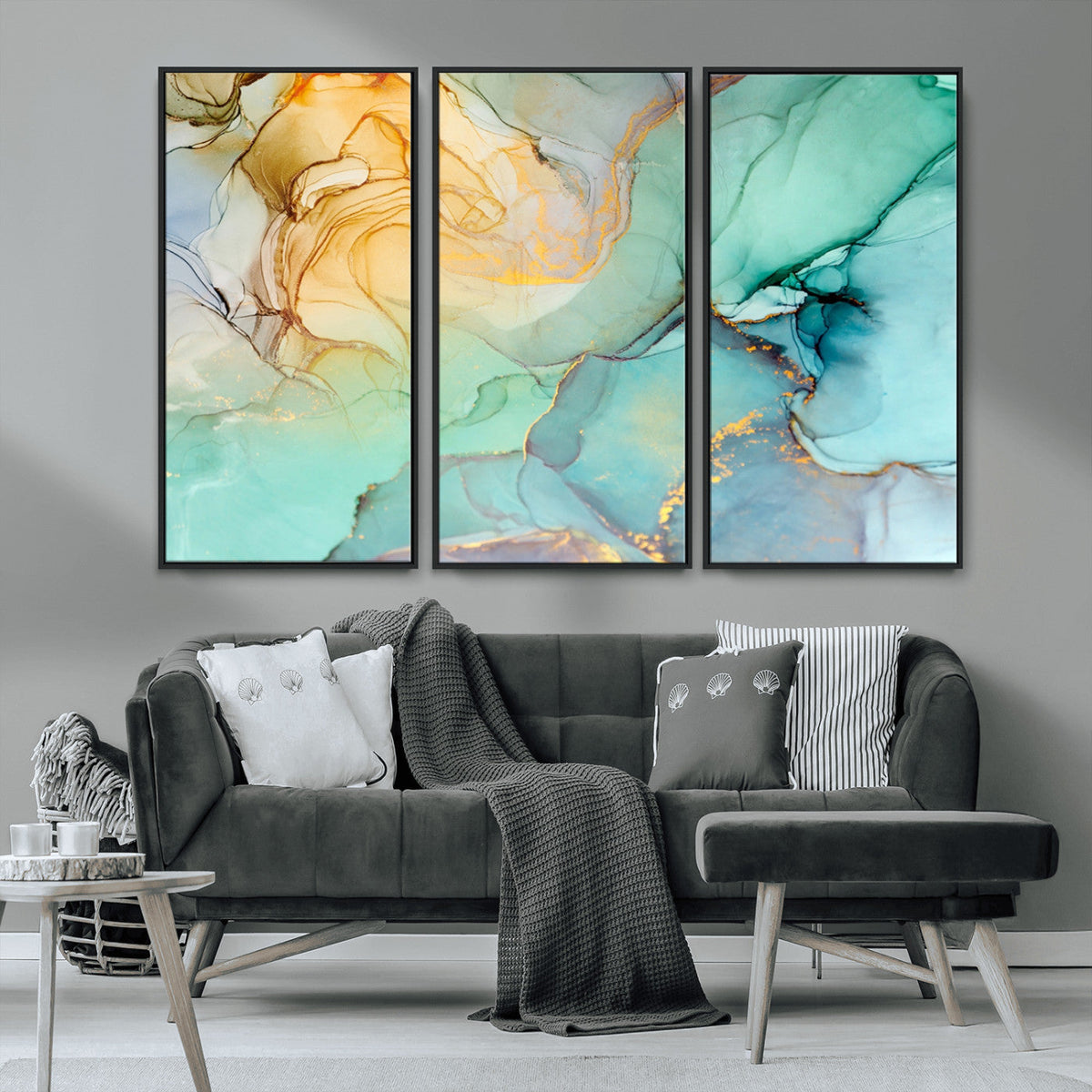 Abstract Aqua and Gold Fluid Wall Art Canvas | 3 Panel Large Canvas Print