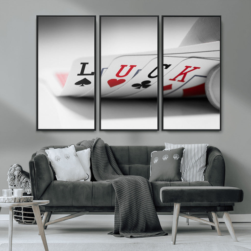 Framed Lucky Poker Cards Canvas | Modern Triptych Wall Art for Game Rooms