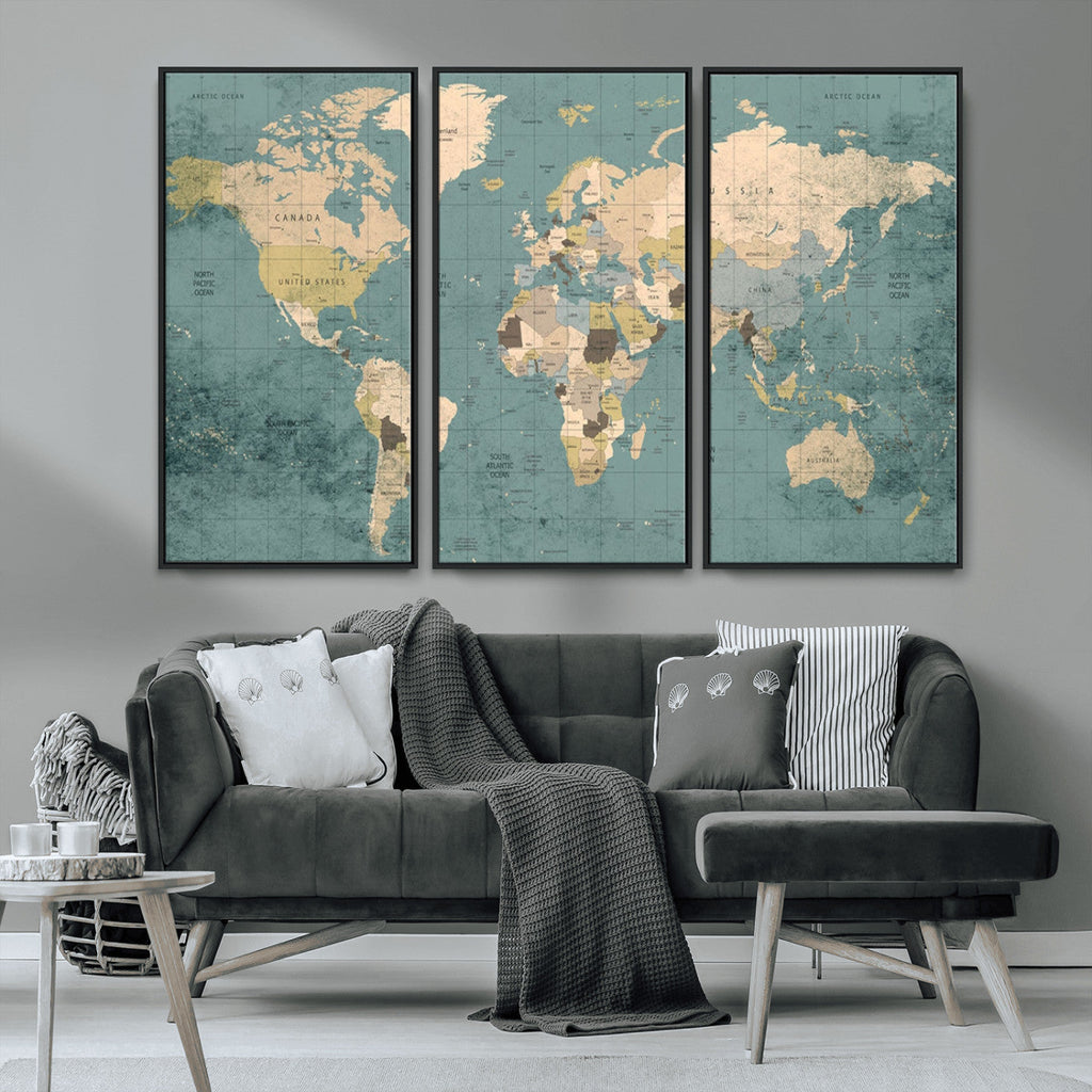Classic World Map Canvas Print | Framed Vintage Map Wall Art