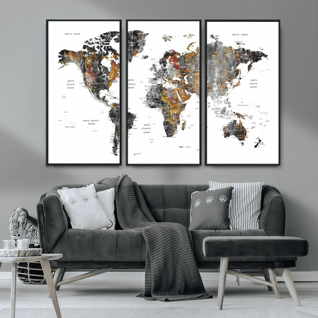 Modern Metallic World Map Canvas Wall Art | Framed Contemporary World Map Print