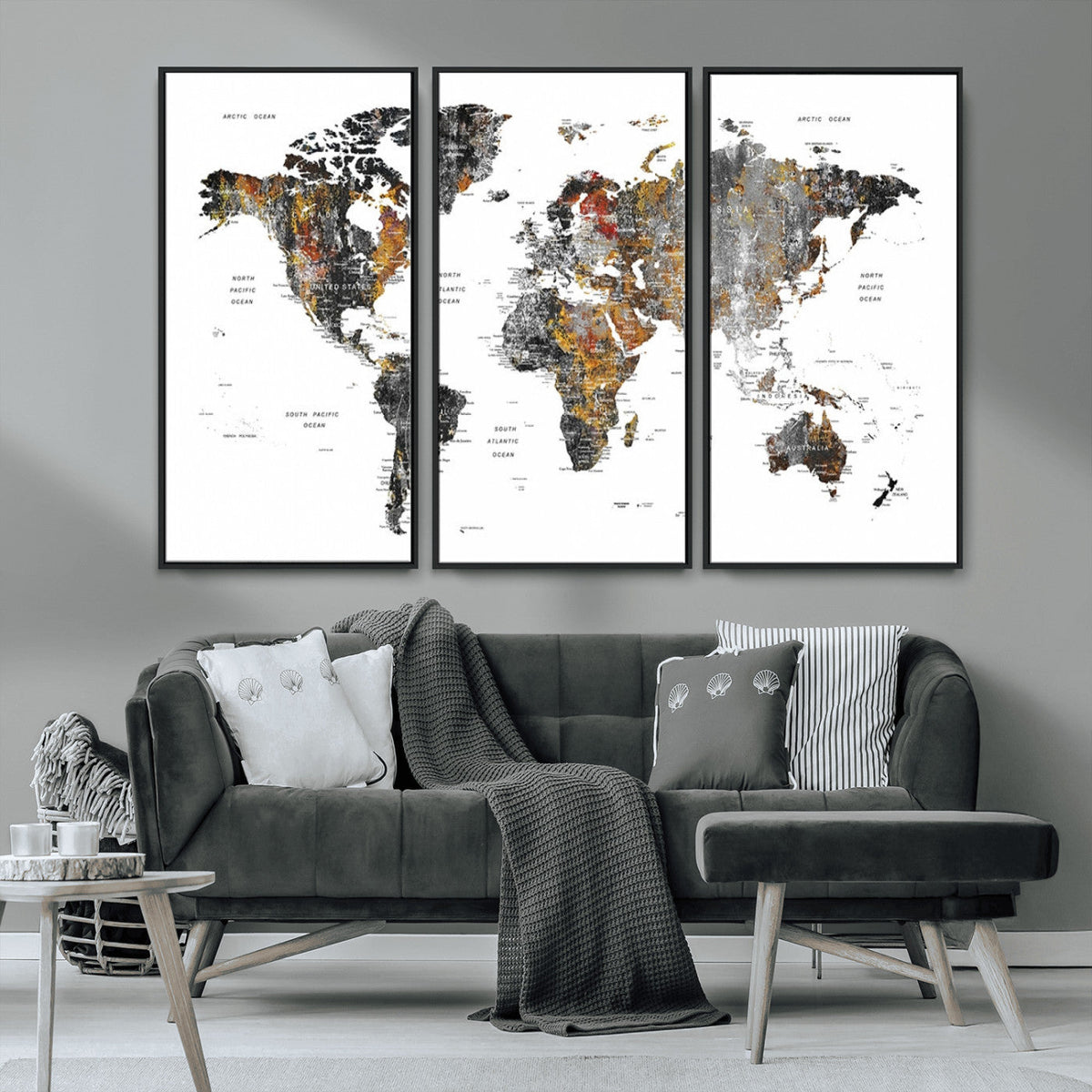 Modern Metallic World Map Canvas Wall Art | Framed Contemporary World Map Print