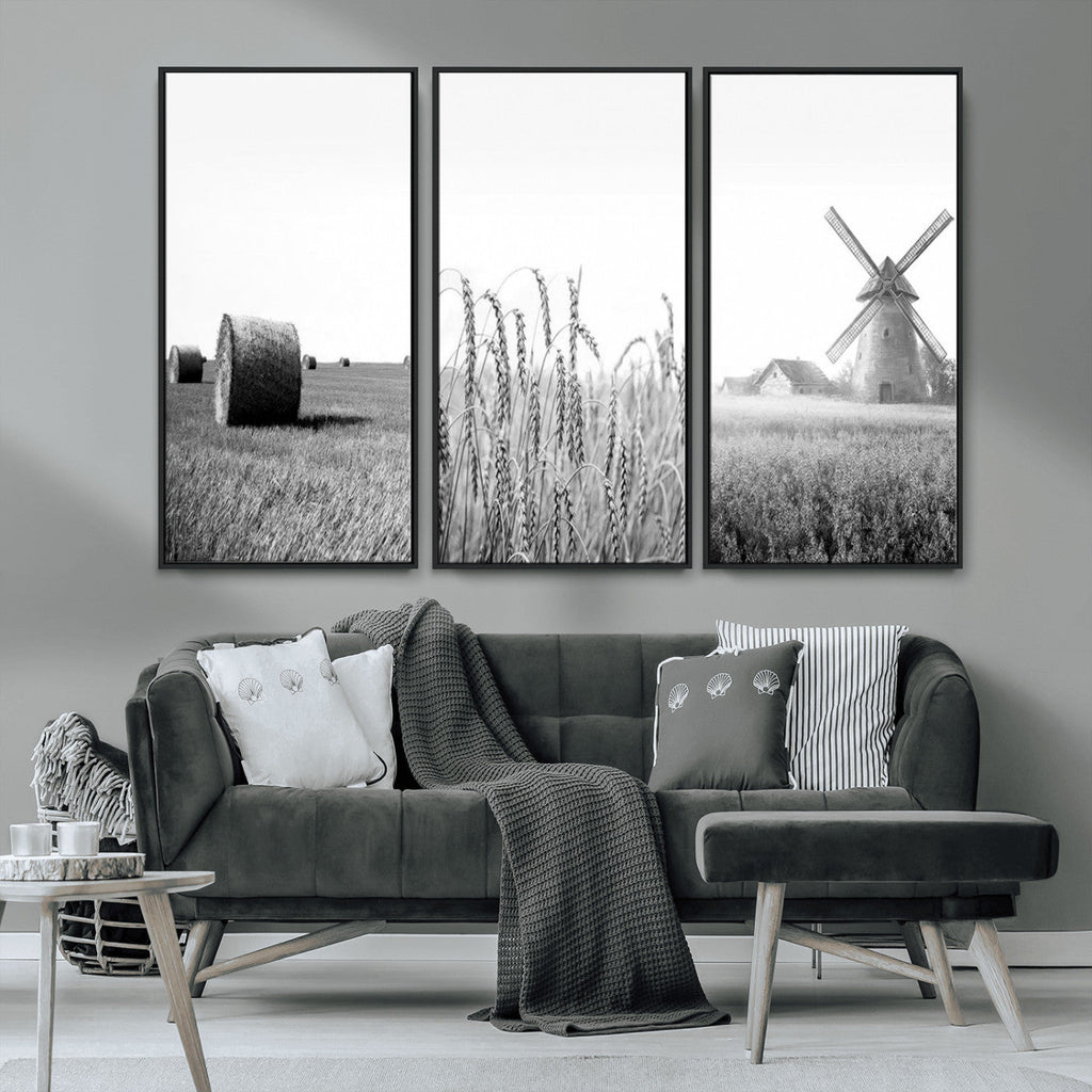 Vintage Farmhouse Black and White Triptych Wall Art, Giclee Canvas with Wheat Fields, Hay Bales and Windmill