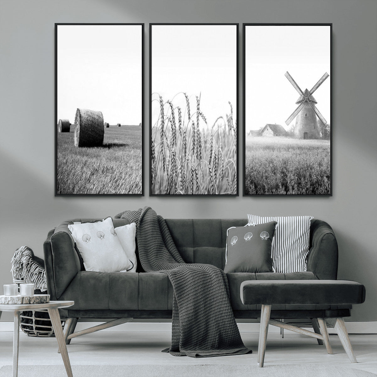 Vintage Farmhouse Black and White Triptych Wall Art, Giclee Canvas with Wheat Fields, Hay Bales and Windmill