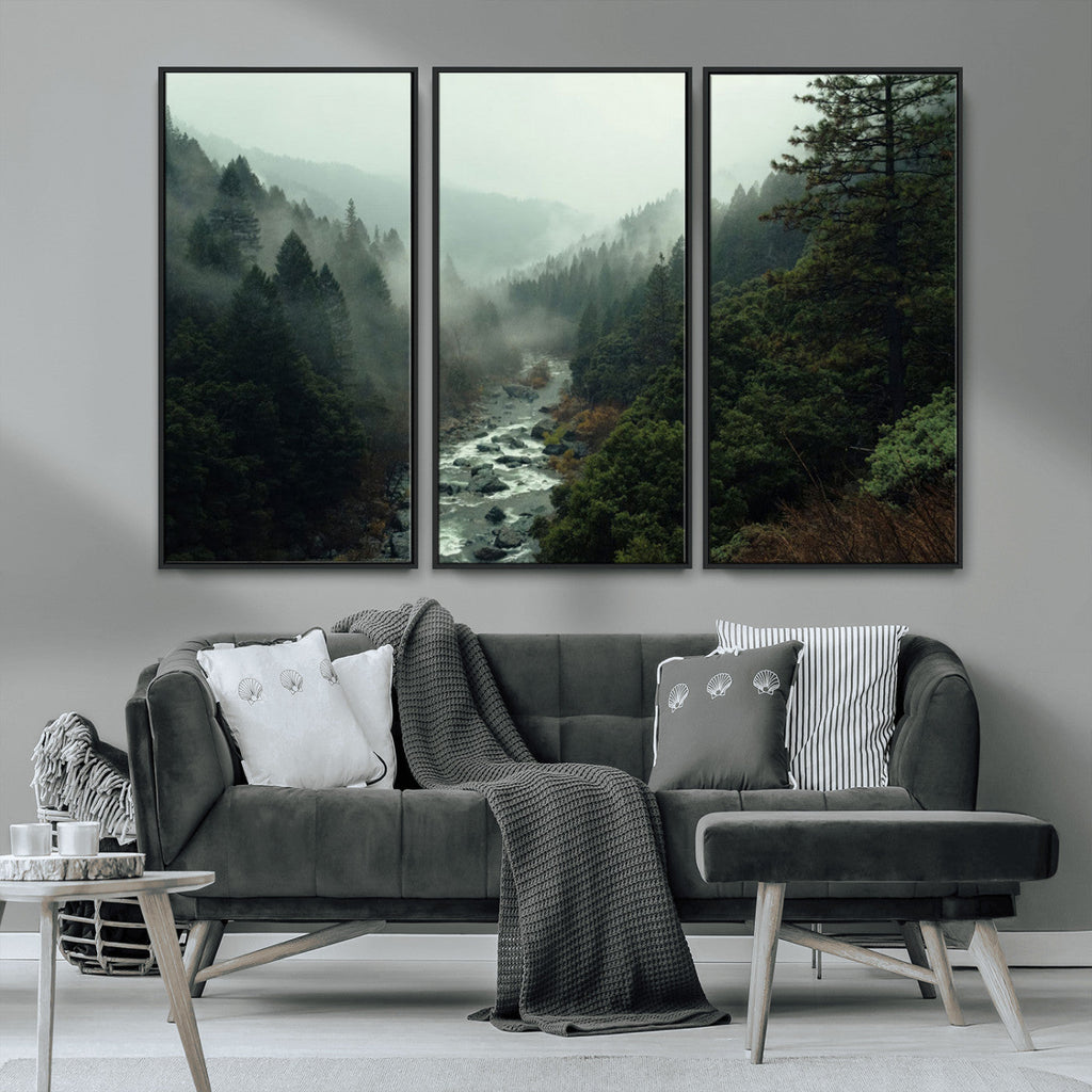 Misty Forest Wall Art, Tranquil Nature Landscape, Ready to Hang | Extra Large 3 Piece Canvas Wall Art