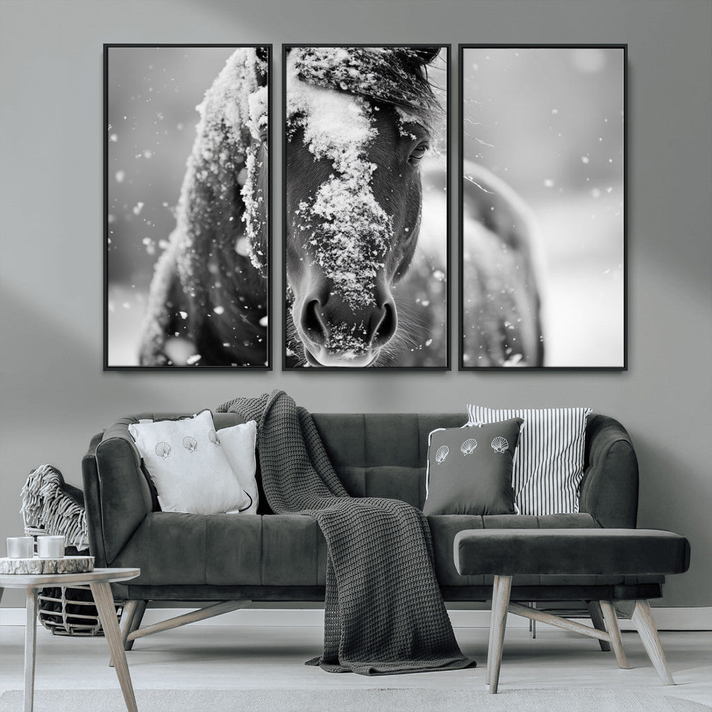 Black and White Horse Winter Wall Art, Ready to Hang