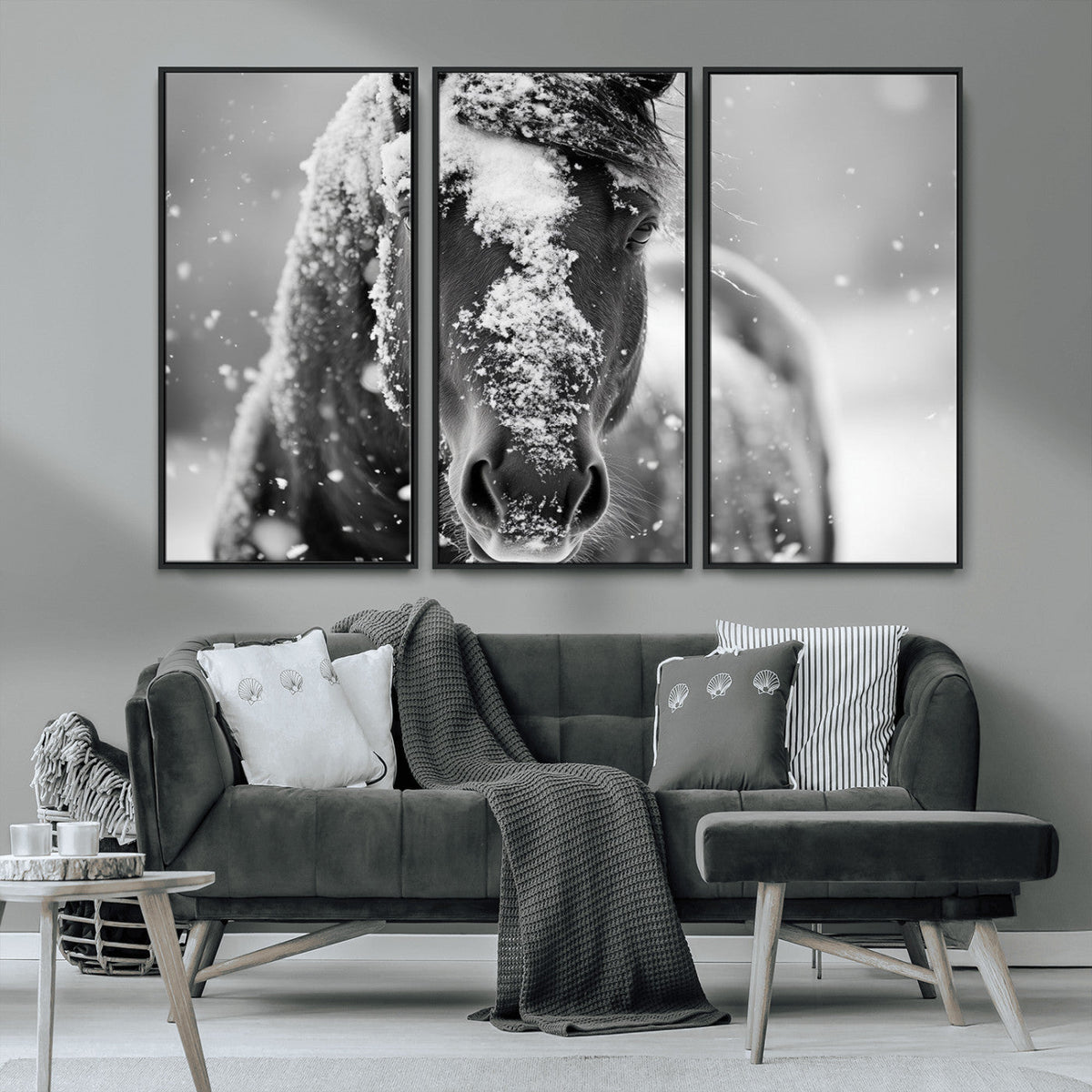 Black and White Horse Winter Wall Art, Ready to Hang