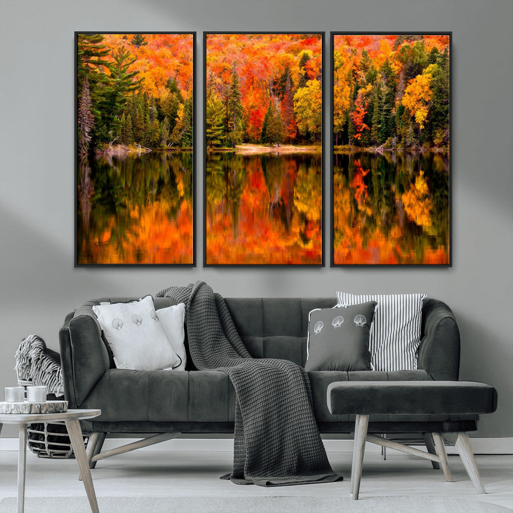 Forest Reflection Art | Autumn Forest Reflection Wall Art | Triptych Canvas Print