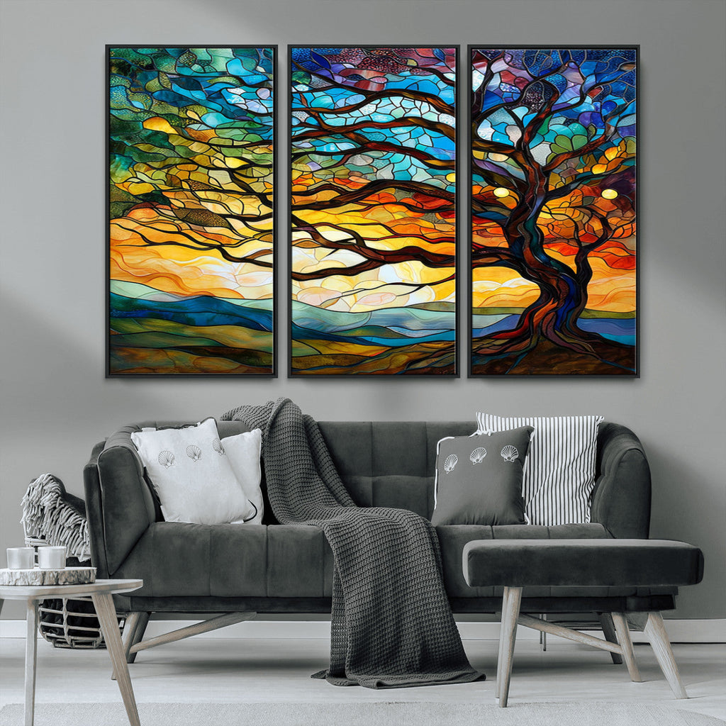 Vibrant Mosaic Tree of Life Wall Art, Stained Glass Style Canvas Print