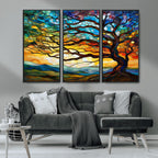 Vibrant Mosaic Tree of Life Wall Art, Stained Glass Style Canvas Print