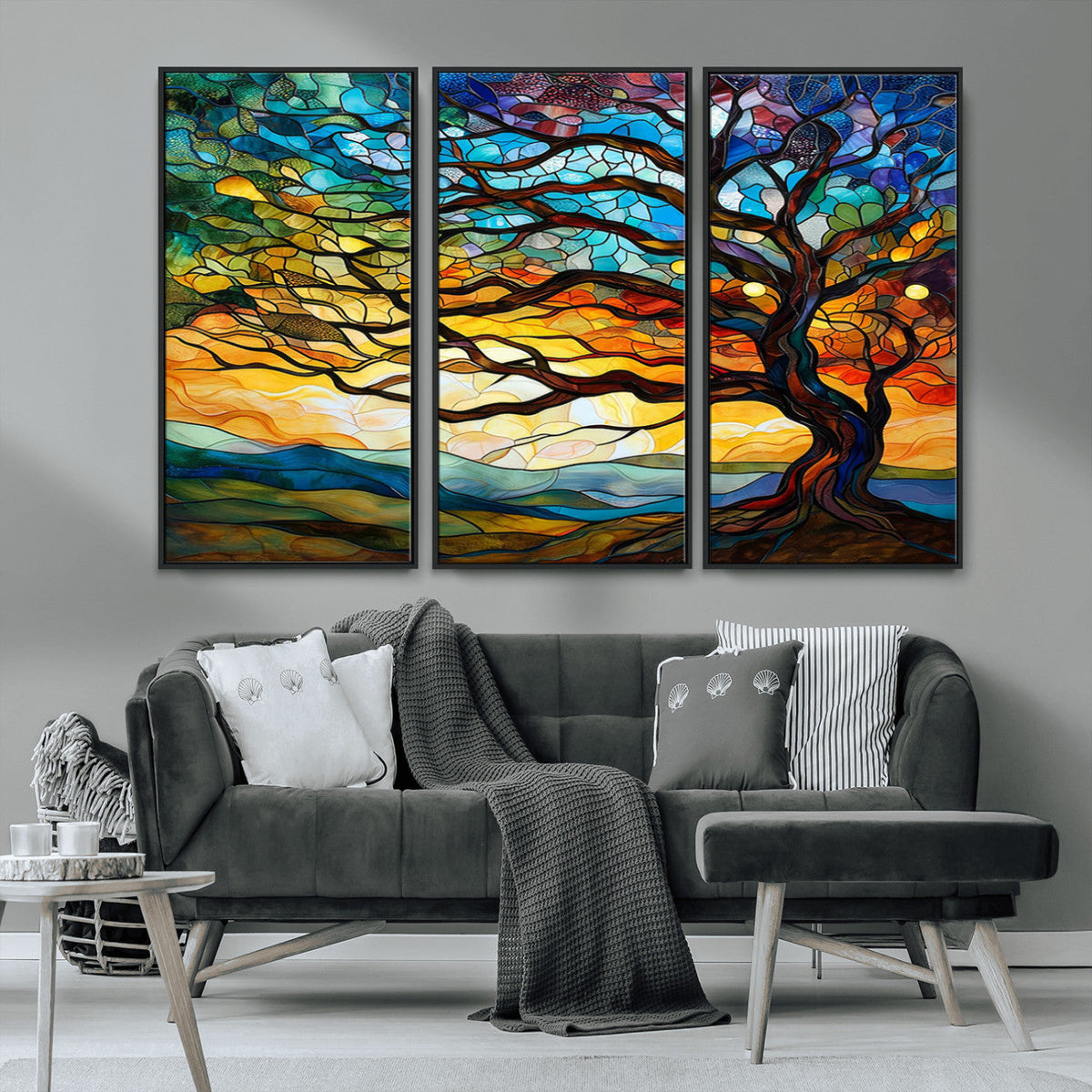 Vibrant Mosaic Tree of Life Wall Art, Stained Glass Style Canvas Print