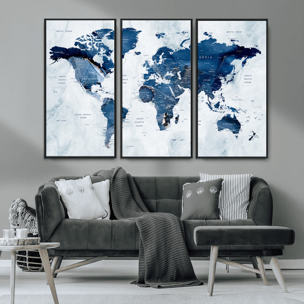 Modern Blue World Map Canvas Print | Elegant Travel Map Wall Art for Home Office