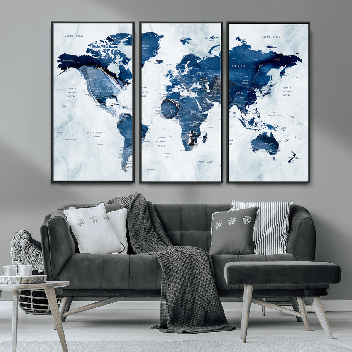 Modern Blue World Map Canvas Print | Elegant Travel Map Wall Art for Home Office