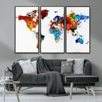 Colorful World Map Canvas Wall Art Print, Contemporary Global Map Artwork