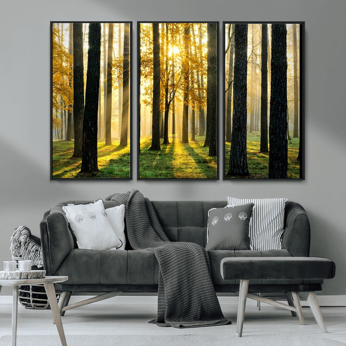 Sunlit Forest Wall Art Canvas Print, Large Framed Woodland Scene with Golden Light
