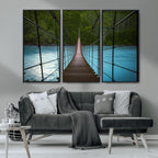 Suspension Bridge Over River Canvas Art | 3-Panel Nature Wall Art