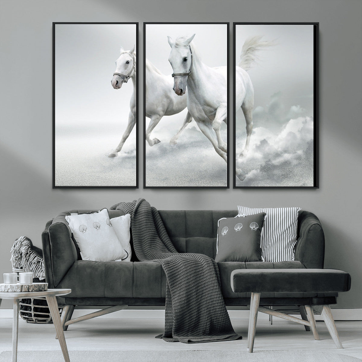 Large Wall Art Canvas Print, Beautiful Running White Horses