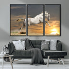 Large Wall Art Canvas Print, White Jumping Horse at Sunset