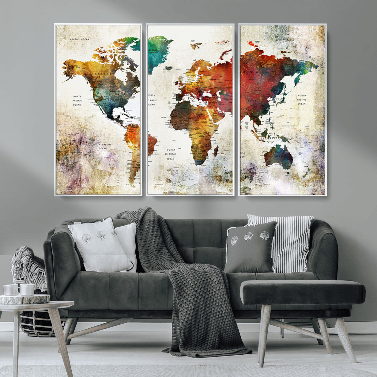Watercolor World Map Canvas Print | Framed Travel Map Wall Art for Couples