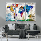 Navy Blue and Orange Watercolor World Map Canvas Print | Framed Travel Map