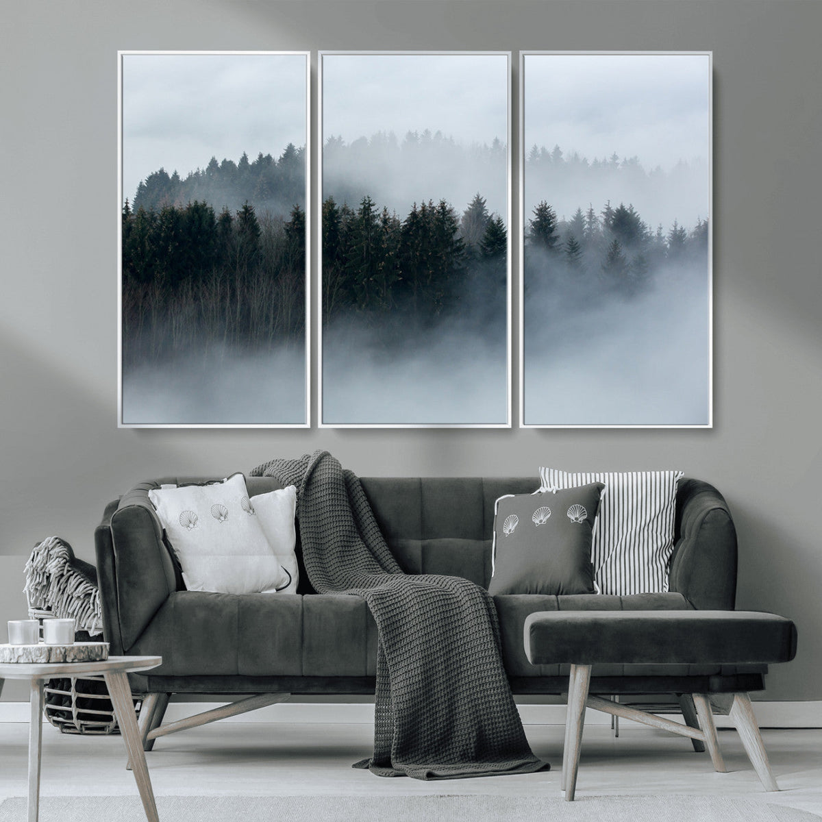 Autumn and Misty Trees in the Forest Wall Art Canvas Print, Foggy Forest Mountain Wall Art
