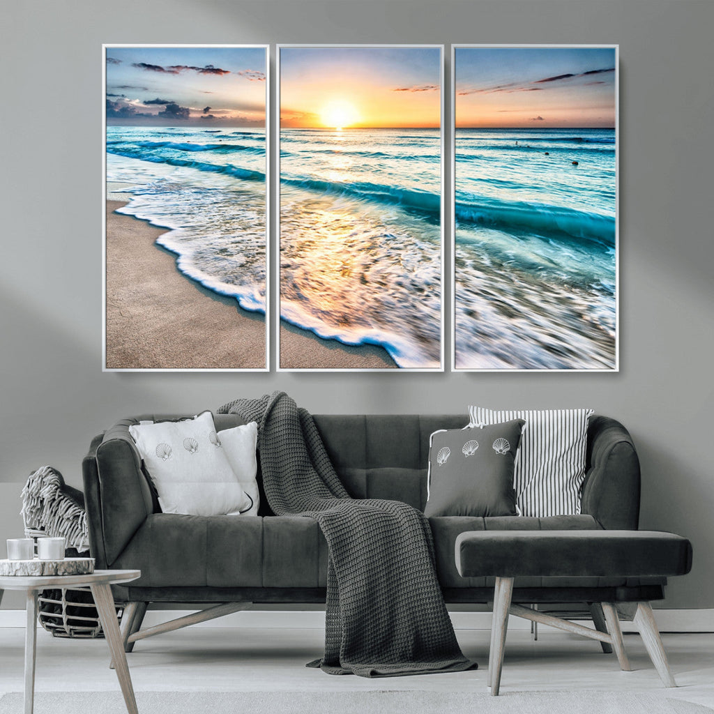 Sunset Beach Waves Canvas Wall Art | Ocean Sunset Coastal Print