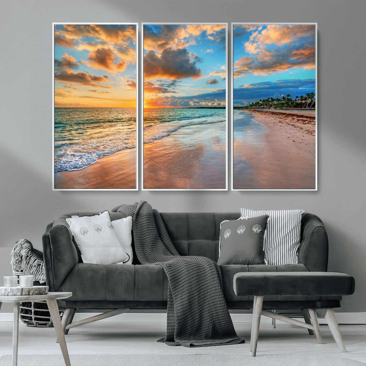 Sunset Beach Canvas Wall Art | Tropical Triptych Seascape Print