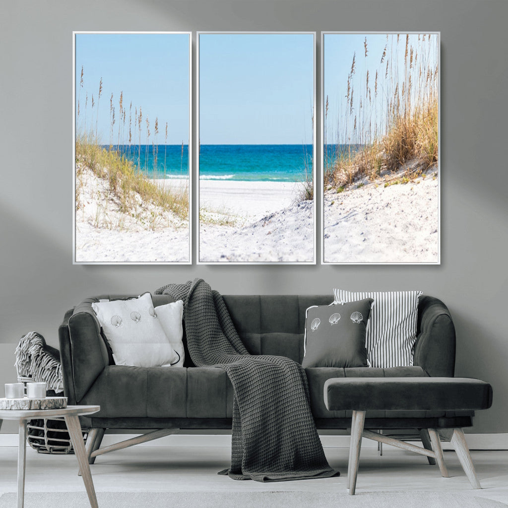 Serene Coastal Dune Path with Ocean View, 3-Panel Beach Canvas Wall Art
