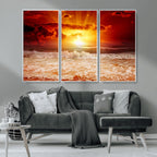 Red Sunset Ocean Beach Canvas Wall Art, Coastal Sunset Print