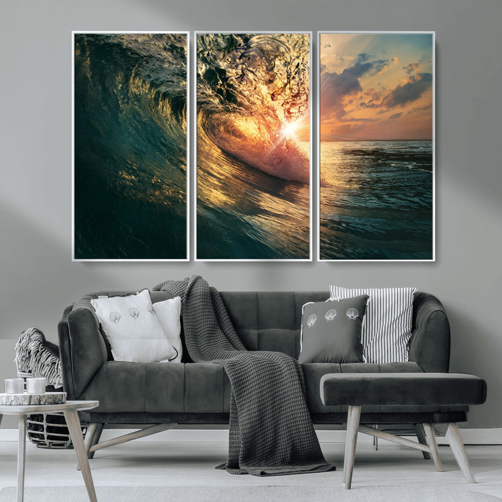 Ocean Wave Sunset Canvas Wall Art | Triptych Seascape Print