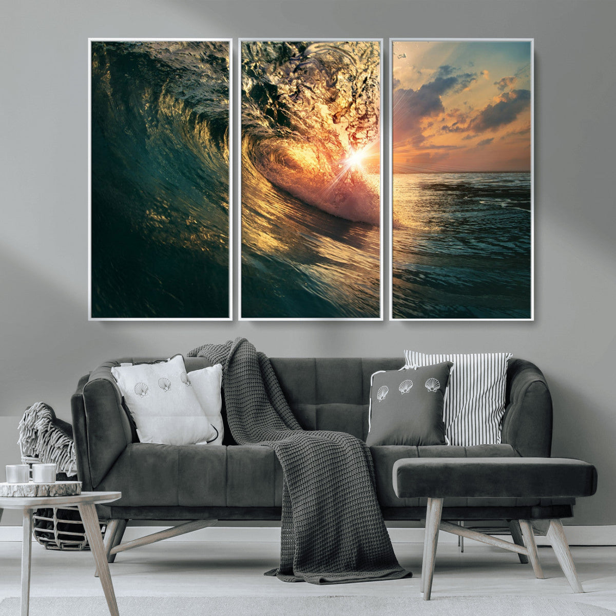 Ocean Wave Sunset Canvas Wall Art | Triptych Seascape Print