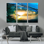 Ocean Wave at Sunset Canvas Art, Large Wall Print of Vibrant Surfing Wave