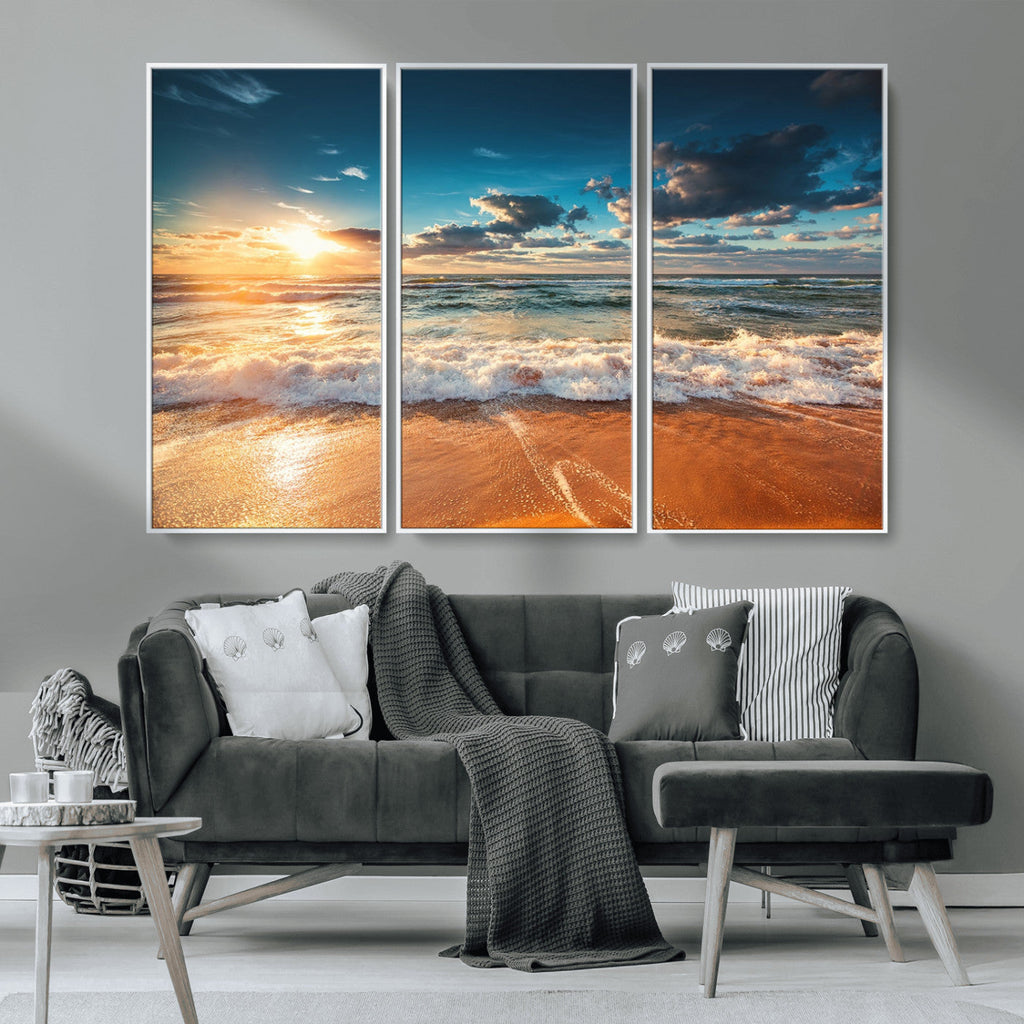 Golden Sunset Beach Triptych Canvas Art, Giclee Coastal Wall Decor, Ocean Waves Print