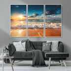 Golden Sunset Beach Triptych Canvas Art, Giclee Coastal Wall Decor, Ocean Waves Print