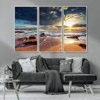Golden Hour Beach Sunset Canvas Triptych, Ocean Waves and Rocks Wall Art